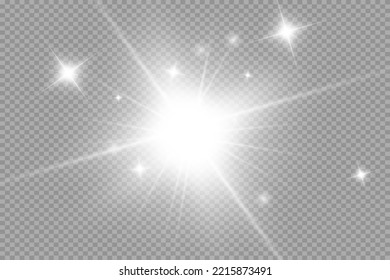 White glowing light explodes on a transparent background. with ray. Transparent shining sun, bright flash. The center of a bright flash