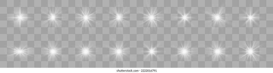 White glowing light explodes on a transparent background. Glittering magical dust particles. Bright Star. Transparent shining sun, bright flash. Vector sequins. To center a bright flash.	