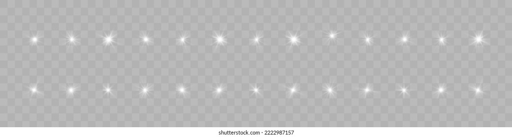 White glowing light explodes on a transparent background. Glittering magical dust particles. Bright Star. Transparent shining sun, bright flash. Vector sequins. To center a bright flash.	