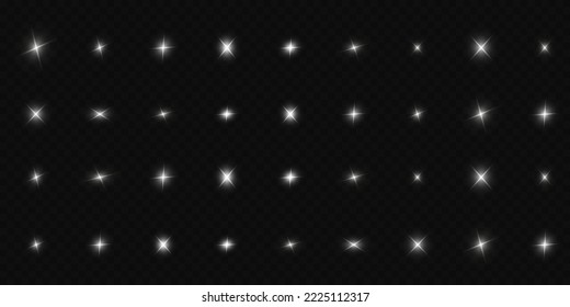 White glowing light explodes on a transparent background. Glittering magical dust particles. Bright Star. Transparent shining sun, bright flash. Vector sequins. To center a bright flash.	