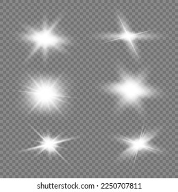 White glowing light explodes on a transparent background. Sparkling magical dust particles. Bright Star. Transparent shining sun, bright flash. Vector sparkles. To center a bright flash.