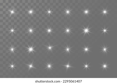 White glowing light explodes on a transparent background. Shiny magical dust particles. Bright Star. Transparent shining sun, bright flash. Vector sequins.