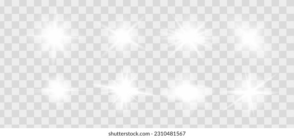 White glowing light explodes on a transparent background. Sparkling magical dust particles. Bright Star. Transparent shining sun, bright flash. Vector sparkles. To center a bright flash. White star