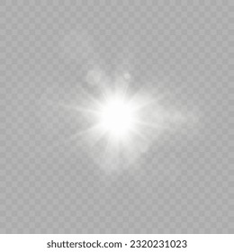 Weißes Licht explodiert auf transparentem Hintergrund. Heller Stern. Transparente strahlende Sonne, heller Blitz. Vektorgrafiken.	
