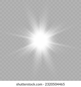 White glowing light explodes on a transparent background. Bright Star. Transparent shining sun, bright flash. Vector graphics.	
