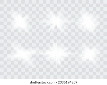 White glowing light explodes on a transparent background. Sparkling magical dust particles. Bright Star. Transparent shining sun, bright flash. Vector sparkles. To center a bright flash