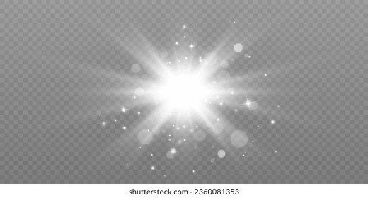White glowing light explodes on a transparent background. Bright Star. Transparent shining sun, bright flash. Vector graphics.	