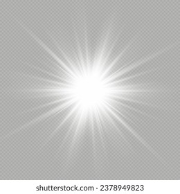 Weißes Licht explodiert auf transparentem Hintergrund. mit Rochen. Transparente strahlende Sonne, heller Blitz. Spezieller Lichteffekt der Linse.	