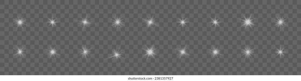 White glowing light explodes on a transparent background. Glittering magical dust particles. Bright Star. Transparent shining sun, bright flash. Vector sequins. To center a bright flash.