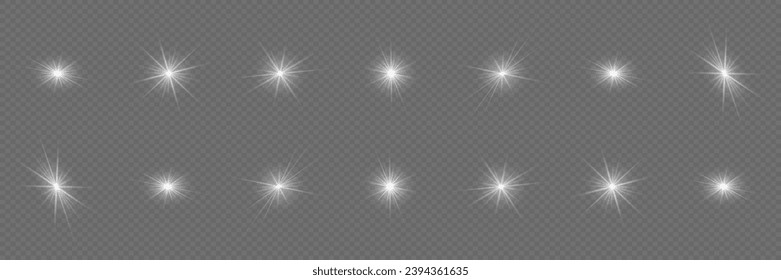 White glowing light explodes on a transparent background. Glittering magical dust particles. Bright Star. Transparent shining sun, bright flash. Vector sequins. To center a bright flash.