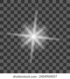 White glowing light explodes on a transparent background. Sparkling magical dust particles. Bright Star. Transparent shining sun, bright flash. Vector sparkles. To center a bright flash.