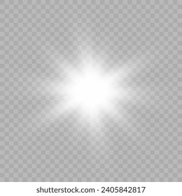 White glowing light explodes on a transparent background. Bright Star. Transparent shining sun, bright flash. Vector graphics.	
