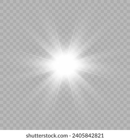 White glowing light explodes on a transparent background. Bright Star. Transparent shining sun, bright flash. Vector graphics.	
