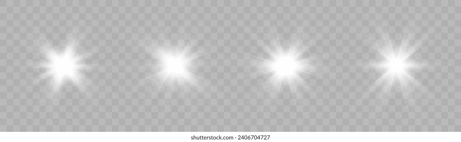 White glowing light explodes on a transparent background. Bright Star. Transparent shining sun, bright flash. Vector graphics.	
