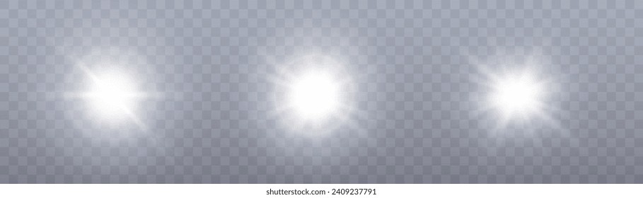 White glowing light explodes on a transparent background. Bright Star. Transparent shining sun, bright flash. Vector graphics.	
