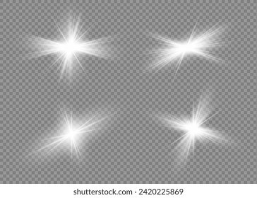 White glowing light explodes on a transparent background. Sparkling magical dust particles. Bright Star. Transparent shining sun, bright flash. Vector sparkles. To center a bright flash. White star