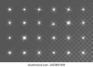 White glowing light explodes on a transparent background. Glittering magical dust particles. Bright Star. Transparent shining sun, bright flash. Vector sequins. To center a bright flash.