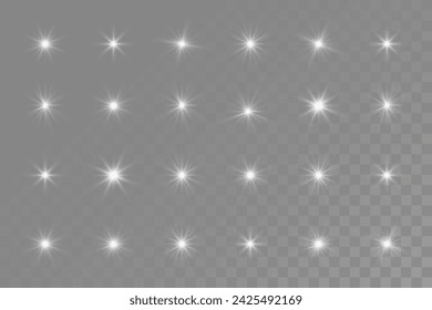 White glowing light explodes on a transparent background. Glittering magical dust particles. Bright Star. Transparent shining sun, bright flash. Vector sequins. To center a bright flash.