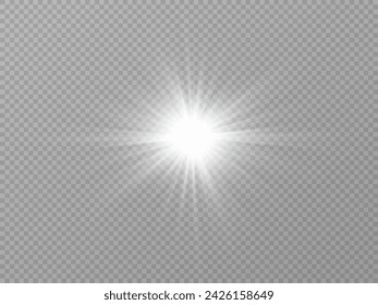 White glowing light explodes on a transparent background. with ray. Transparent shining sun, bright flash. Special lens flare light effect.	