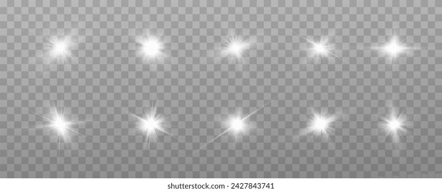 White glowing light explodes on a transparent background. with ray. Transparent shining sun, bright flash. Special lens flare light effect.