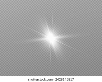 La luz blanca brillante explota sobre un fondo transparente. con rayos. Sol brillante transparente, destello brillante. Efecto de luz de destello de lente especial.