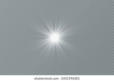 White glowing light explodes on a transparent background. with ray. Transparent shining sun, bright flash. Special lens flare light effect.