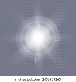 Weißes leuchtendes Licht explodiert auf einem transparenten Hintergrund. Heller Stern. Transparent leuchtende Sonne, heller Blitz. Vektorgrafik.