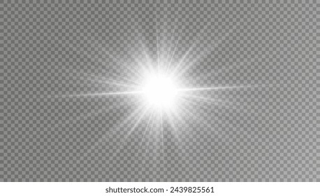 White glowing light explodes on a transparent background. with ray. Transparent shining sun, bright flash. Special lens flare light effect.	