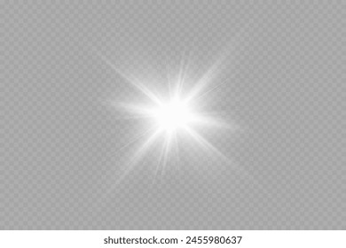 White glowing light explodes on a transparent background. with ray. Transparent shining sun, bright flash. Special lens flare light effect.	