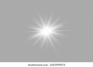La luz blanca brillante explota sobre un fondo transparente. con rayos. Sol brillante transparente, destello brillante. Efecto de luz de destello de lente especial.	
