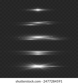 White glowing light explodes on a blue background. Sparkling magical dust particles. Bright Star. Transparent shining sun, bright flash. Vector sparkles. To center a bright flash