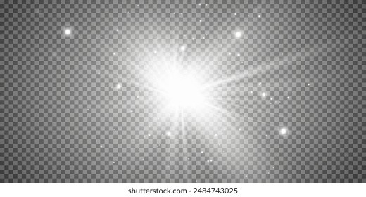 White glowing light explodes on a transparent background. Sparkling magical dust particles. Bright Star. Transparent shining sun, bright flash. Vector sparkles. To center a bright flash.