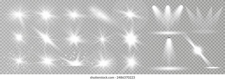 White glowing light explodes on a transparent background. Sparkling magical dust particles. Bright Star. Transparent shining sun, bright flash. Vector sparkles. To center a bright flash.