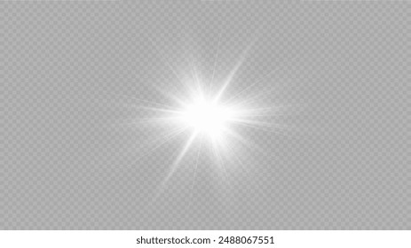White glowing light explodes on a transparent background. with ray. Transparent shining sun, bright flash. Special lens flare light effect.