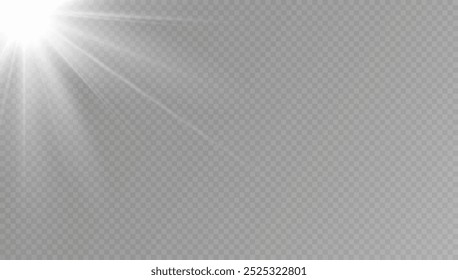 White glowing light explodes on a transparent background. with ray. Transparent shining sun, bright flash. Special lens flare light effect.