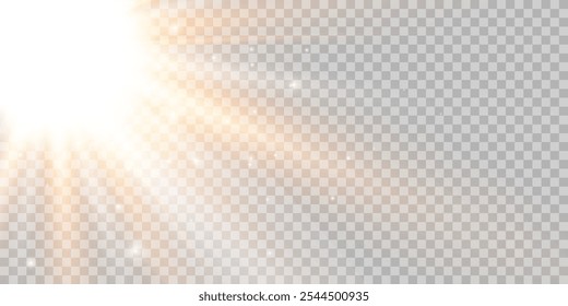 White glowing light explodes on transparent background. Sparkling magical dust particles. Bright star. Transparent shining sun, bright flash. Vector sparkles. To center the bright flash.