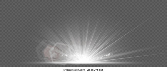 White glowing light explodes on a transparent background. Sparkling magical dust particles. Bright Star. Transparent shining sun, bright flash. Vector sparkles.