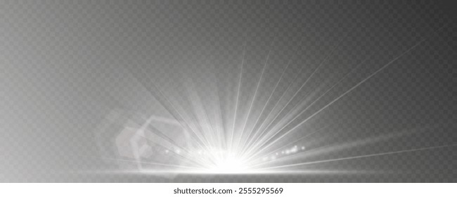 White glowing light explodes on a transparent background. Sparkling magical dust particles. Bright Star. Transparent shining sun, bright flash. Vector sparkles.