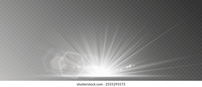 White glowing light explodes on a transparent background. Sparkling magical dust particles. Bright Star. Transparent shining sun, bright flash. Vector sparkles.