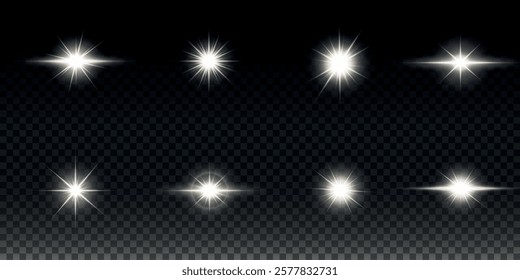 White glowing light explodes on a transparent background. Sparkling magical dust particles. Bright Star. Transparent shining sun, bright flash. Vector sparkles. To center a bright flash.