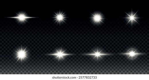 White glowing light explodes on a transparent background. Sparkling magical dust particles. Bright Star. Transparent shining sun, bright flash. Vector sparkles. To center a bright flash.