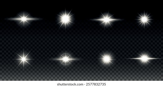 White glowing light explodes on a transparent background. Sparkling magical dust particles. Bright Star. Transparent shining sun, bright flash. Vector sparkles. To center a bright flash.