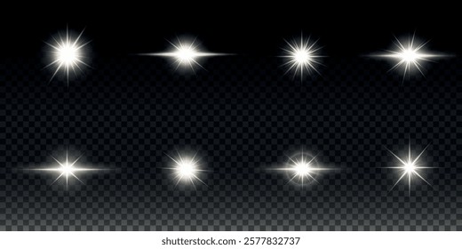 White glowing light explodes on a transparent background. Sparkling magical dust particles. Bright Star. Transparent shining sun, bright flash. Vector sparkles. To center a bright flash.