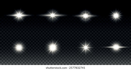 White glowing light explodes on a transparent background. Sparkling magical dust particles. Bright Star. Transparent shining sun, bright flash. Vector sparkles. To center a bright flash.