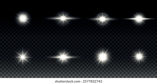 White glowing light explodes on a transparent background. Sparkling magical dust particles. Bright Star. Transparent shining sun, bright flash. Vector sparkles. To center a bright flash.