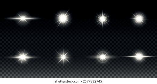 White glowing light explodes on a transparent background. Sparkling magical dust particles. Bright Star. Transparent shining sun, bright flash. Vector sparkles. To center a bright flash.