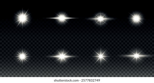 White glowing light explodes on a transparent background. Sparkling magical dust particles. Bright Star. Transparent shining sun, bright flash. Vector sparkles. To center a bright flash.