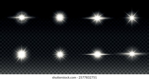 White glowing light explodes on a transparent background. Sparkling magical dust particles. Bright Star. Transparent shining sun, bright flash. Vector sparkles. To center a bright flash.