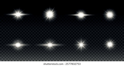 White glowing light explodes on a transparent background. Sparkling magical dust particles. Bright Star. Transparent shining sun, bright flash. Vector sparkles. To center a bright flash.