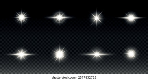 White glowing light explodes on a transparent background. Sparkling magical dust particles. Bright Star. Transparent shining sun, bright flash. Vector sparkles. To center a bright flash.